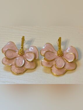 Blush Pink Marbled Floral Statement Earrings Gold Trim Coquette Glam Boutique